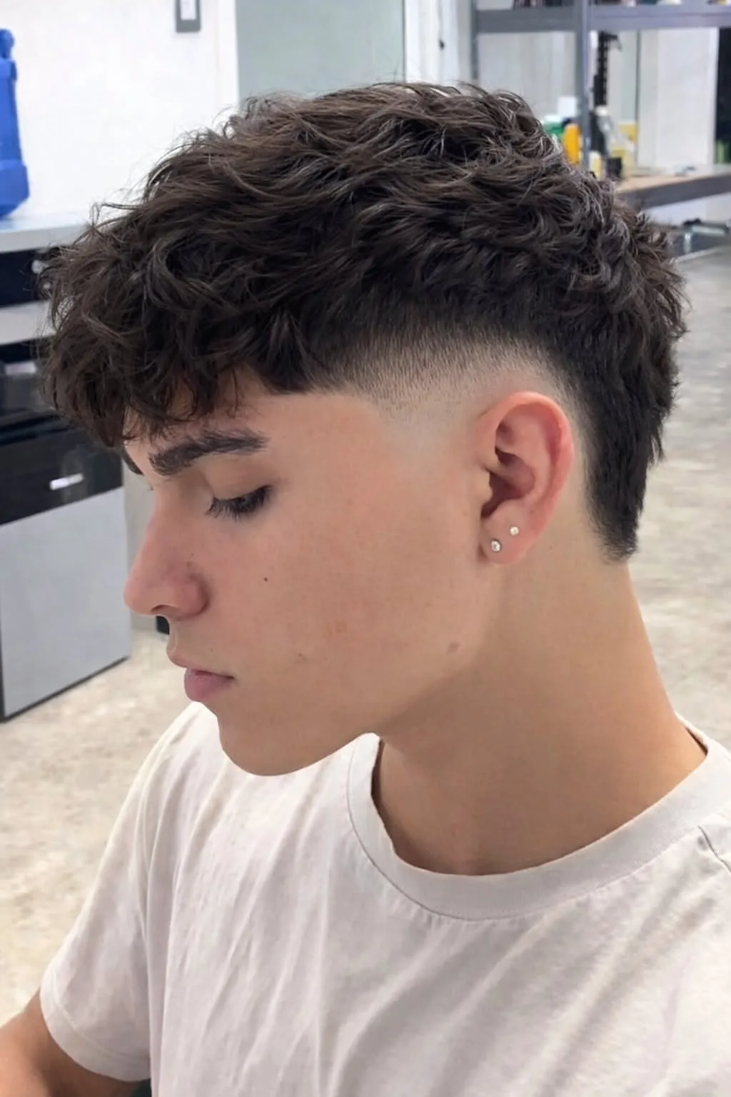 Junger Mann im Profil mit kurzem Mid-Fade an den Seiten und längerem, wellig-lockigem Deckhaar.