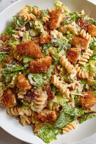 Eine Schüssel mit Nudelsalat, bestehend aus Fusilli, gebratenem Hähnchen, Speck und cremigem Caesar-Dressing.