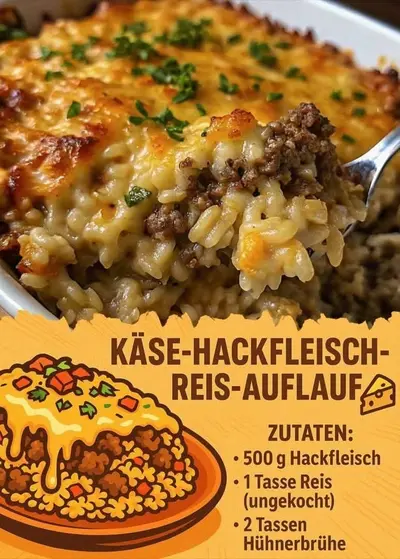 Ein Löffel hebt eine dampfende Portion cremigen Hackfleisch-Reis-Auflaufs aus einer weißen Auflaufform.