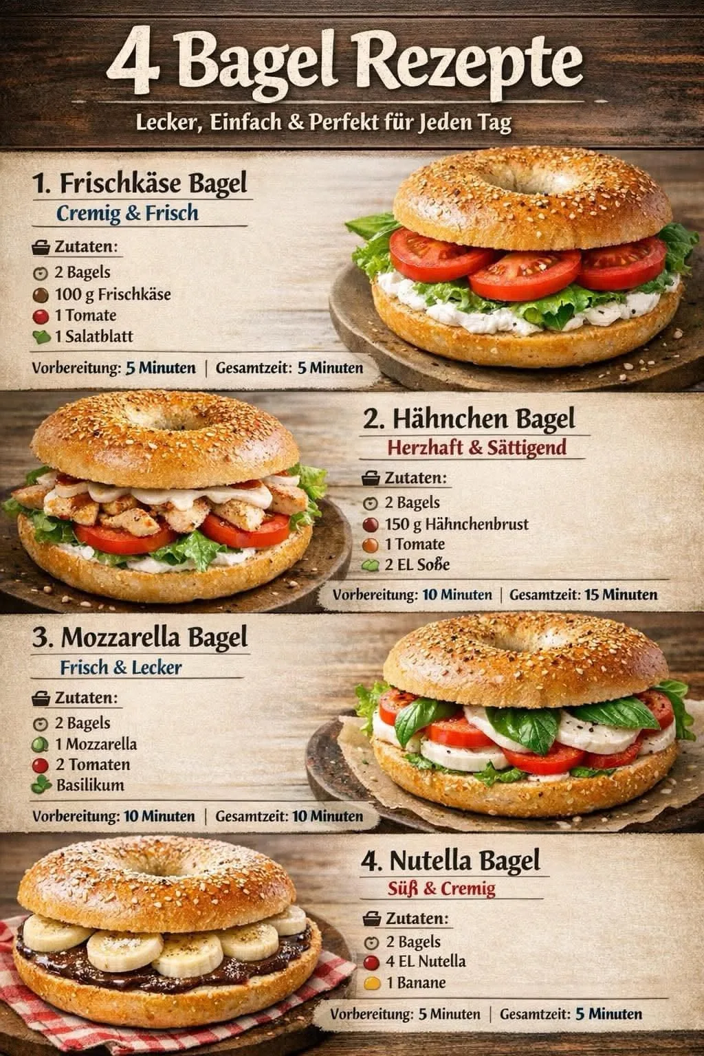 Eine Infografik zeigt vier verschiedene Bagel-Rezepte mit Zutatenlisten sowie Zubereitungs- und Gesamtzeiten.