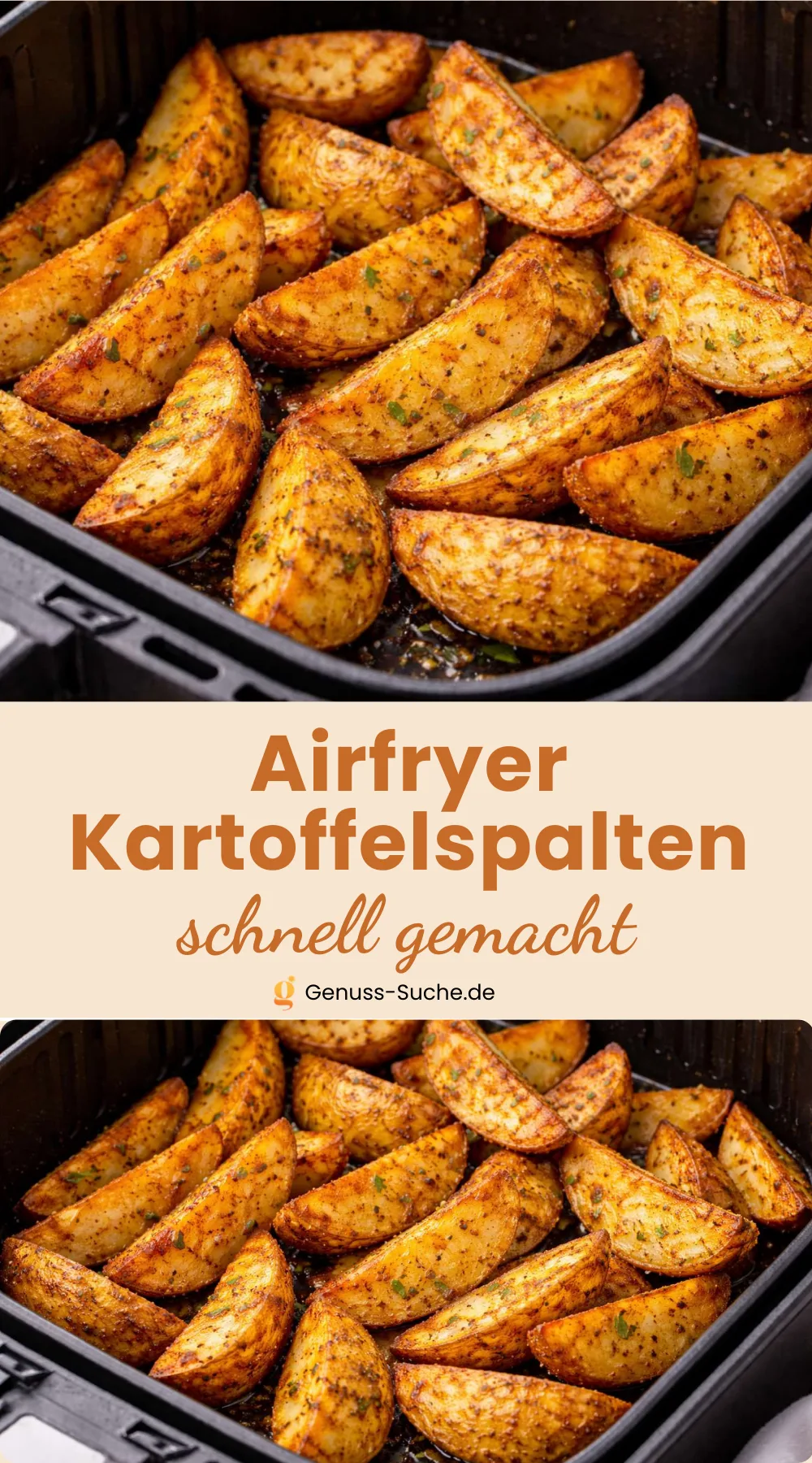 Goldbraune, gewürzte Kartoffelspalten liegen in einem schwarzen Korb einer Heißluftfritteuse.