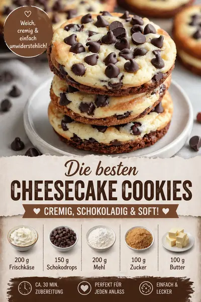 Ein Stapel von drei Cheesecake-Cookies mit Schokoladenteig und einer cremigen Käsekuchenschicht auf einem Teller.
