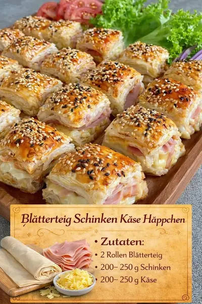 Ein Holzbrett mit quadratischen, mit Sesam bestreuten Blätterteig-Häppchen, gefüllt mit Schinken und Käse.