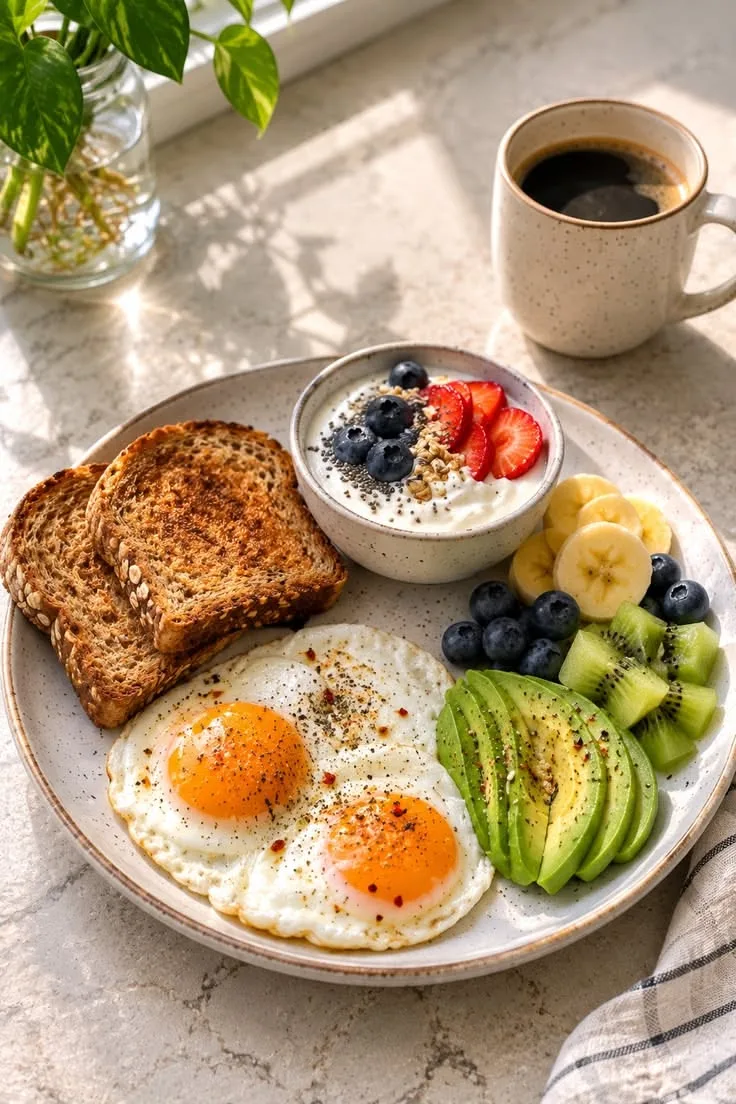 Ein heller Frühstücksteller mit zwei Spiegeleiern, Joghurt, Avocado und frischem Obst neben einer Tasse Kaffee.