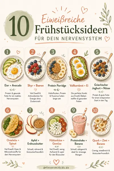 Eine Infografik mit zehn illustrierten Frühstücksideen, die reich an Proteinen sind, um das Nervensystem zu stärken.