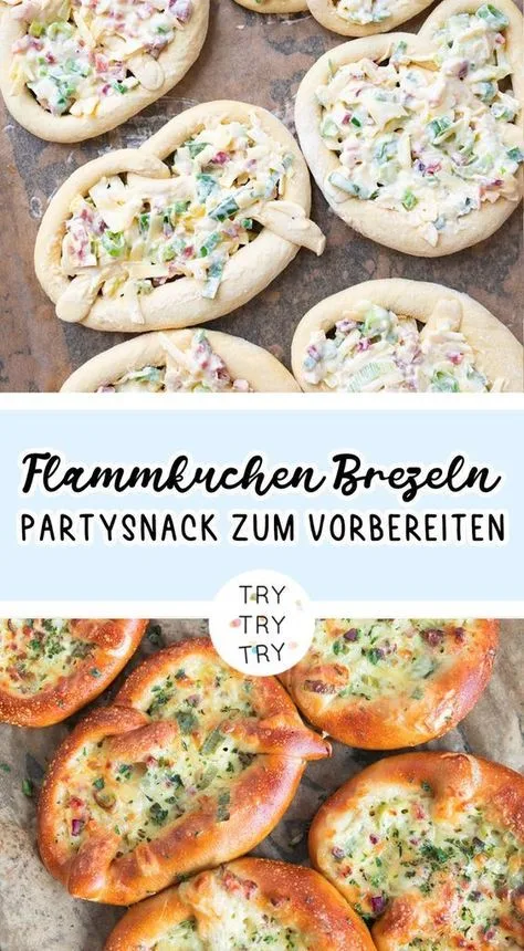Frisch gebackene, goldbraune Flammkuchen-Brezeln auf einem Backblech, belegt mit einer cremigen Speck-Zwiebel-Mischung.