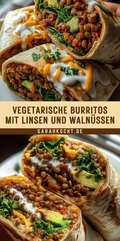 Zwei halbierte vegetarische Burritos auf einem weißen Teller gefüllt mit Linsen Avocado Käse und weißer Soße.