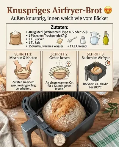 Ein frisch gebackener Brotlaib liegt in einem schwarzen Korb einer Heißluftfritteuse auf einem Holztisch.