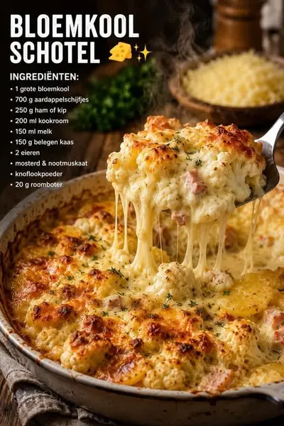 Een dampende bloemkoolschotel in een ovenschaal waarbij gesmolten kaas draden trekt tijdens het opscheppen.
