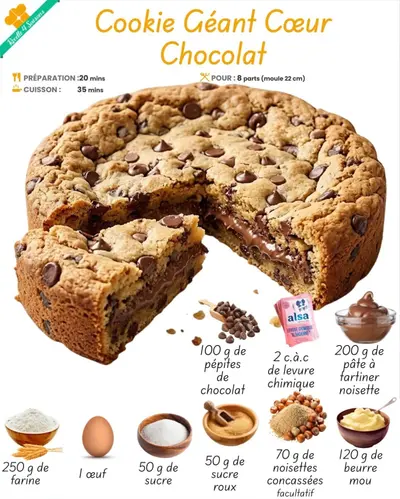Un cookie géant coupé en parts révélant un cœur fondant au chocolat, entouré de ses ingrédients de préparation.