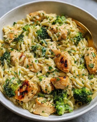 Een kom gevuld met romige orzo, gegrilde stukjes kipfilet en broccoliroosjes afgewerkt met verse kruiden.