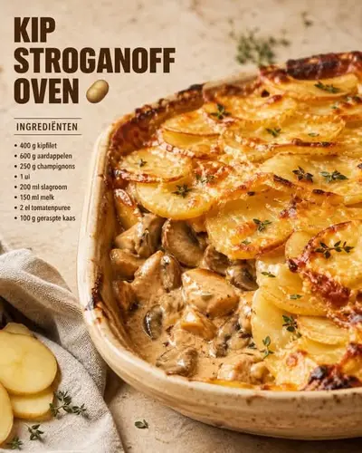 Een close-up van een ovenschotel met romige kip stroganoff, afgedekt met een laag goudbruine aardappelschijfjes.