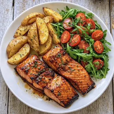 Ein weißer Teller mit gebratenem Honig-Lachs, goldbraunen Kartoffelecken und einem frischen Rucolasalat.