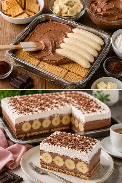 Ein geschichteter Schoko-Bananen-Kuchen in einer rechteckigen Form und ein einzelnes Stück auf einem Teller serviert.