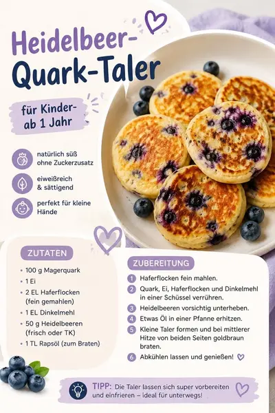 Ein Teller mit mehreren goldbraun gebratenen Heidelbeer-Quark-Talern, die mit frischen Beeren garniert sind.