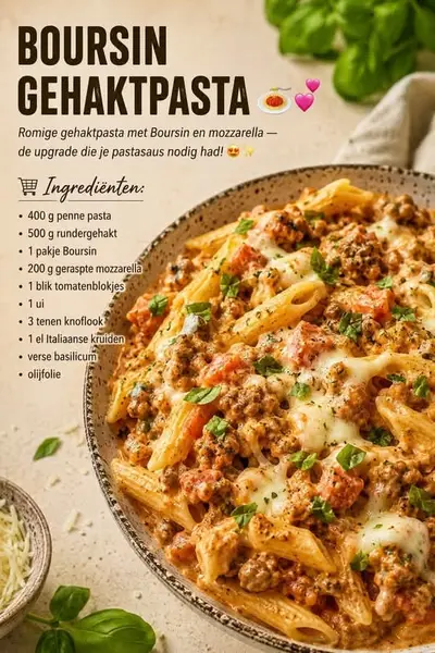 Een kom met penne pasta, rundergehakt, romige saus en gesmolten mozzarella, bestrooid met verse basilicum.