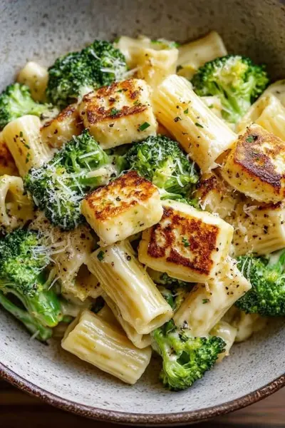 Een kom met rigatoni pasta, stukjes broccoli en goudbruin gebakken blokjes kaas bestrooid met zwarte peper.