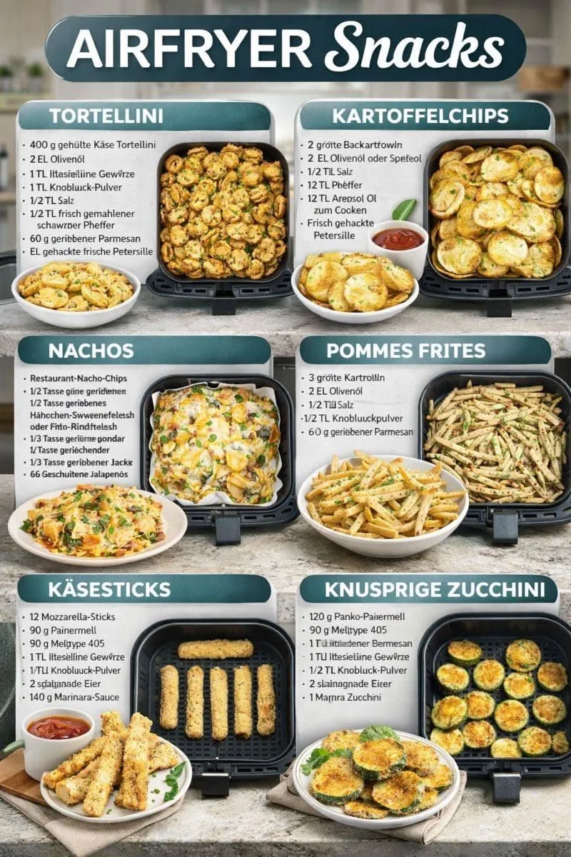 Eine Collage aus sechs verschiedenen Snack-Rezepten für die Heißluftfritteuse mit Zutaten und fertigen Gerichten.