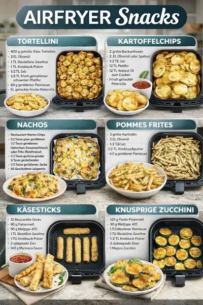 Eine Collage aus sechs verschiedenen Snack-Rezepten für die Heißluftfritteuse mit Zutaten und fertigen Gerichten.