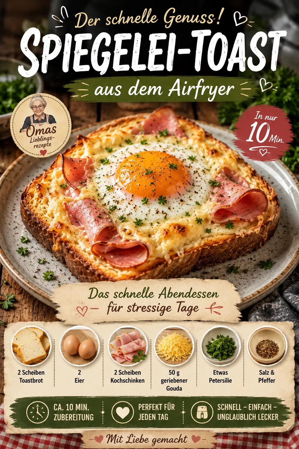 Ein goldbraun getoastetes Brot belegt mit Schinken, geschmolzenem Käse und einem perfekt gebratenen Spiegelei.