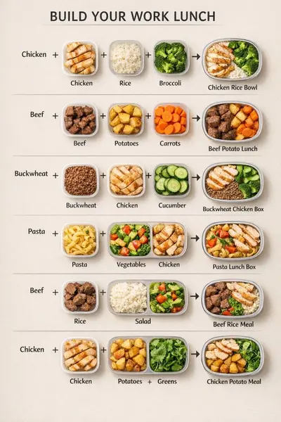 Een infographic met verschillende gezonde lunchbox combinaties van kip, rundvlees, granen en verse groenten.