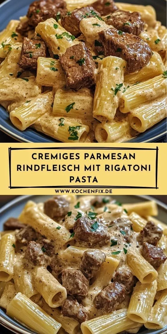 Ein Teller mit Rigatoni in cremiger Soße, garniert mit angebratenen Rindfleischwürfeln und frischen Kräutern.