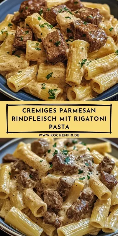 Ein Teller mit Rigatoni in cremiger Soße, garniert mit angebratenen Rindfleischwürfeln und frischen Kräutern.