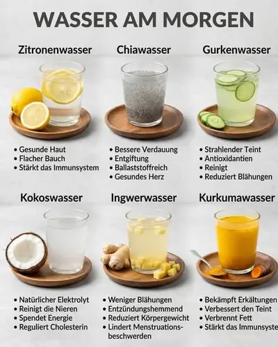 Sechs Gläser Wasser mit verschiedenen Zutaten wie Zitrone, Ingwer und Kurkuma stehen auf Holzuntersetzern.