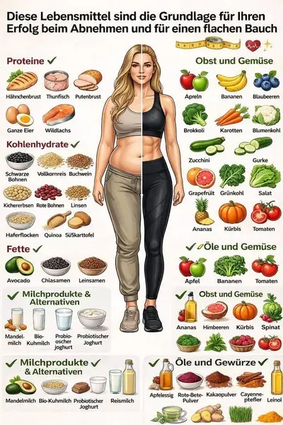 Eine Infografik zeigt eine Frau in der Mitte, unterteilt in eine weniger trainierte und eine trainierte Körperhälfte.