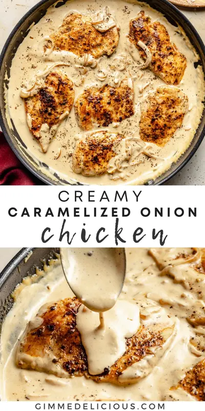 A black skillet containing seared chicken breasts smothered in a thick, creamy caramelized onion sauce.