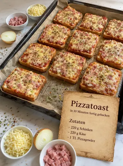 Ein mit neun Pizzatoasts belegtes Backblech neben Schälchen mit Schinken, Käse und einer Zwiebel.