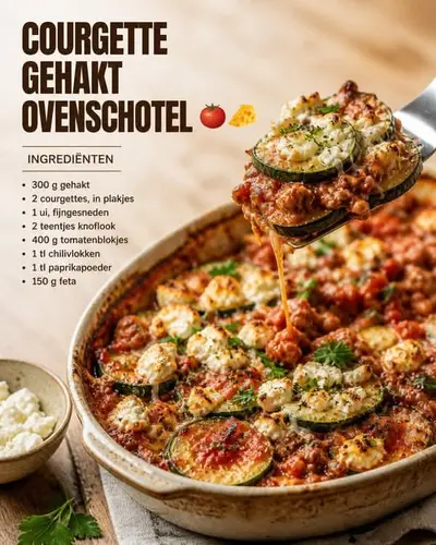 Een close-up van een ovenschotel met courgette, gehakt en feta in een keramische ovenschaal.