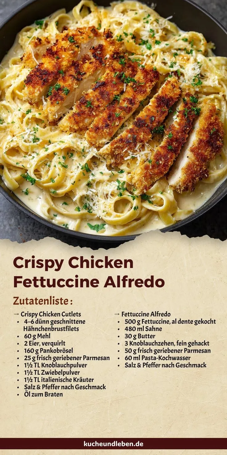 Eine Pfanne mit cremigen Fettuccine Alfredo, die mit knusprig panierten und aufgeschnittenen Hähnchenbrustfilets belegt ist.